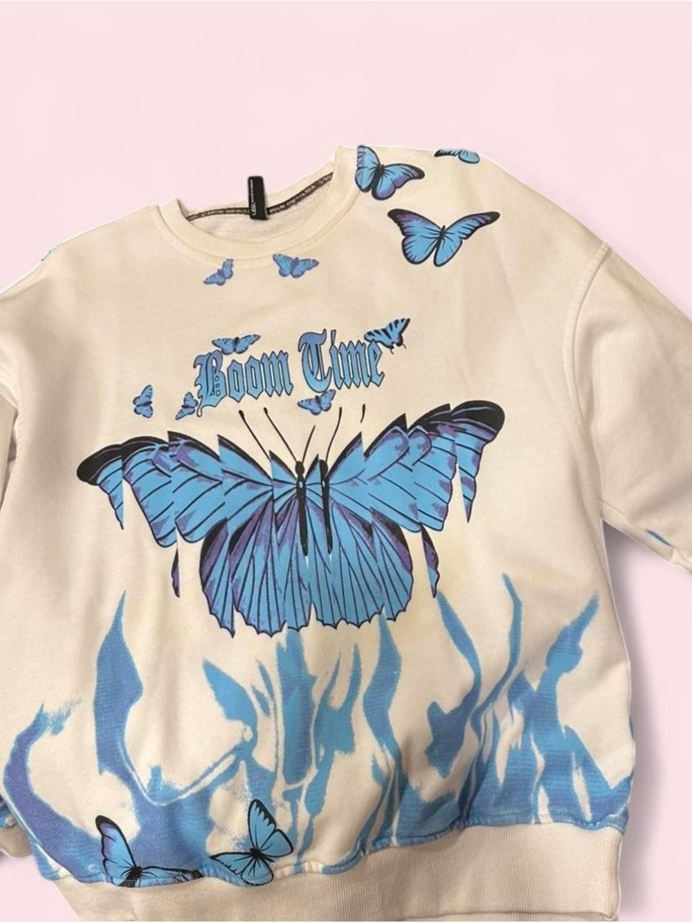 Urban Outfitters Cream Crewneck with Blue Butterfly Graphic